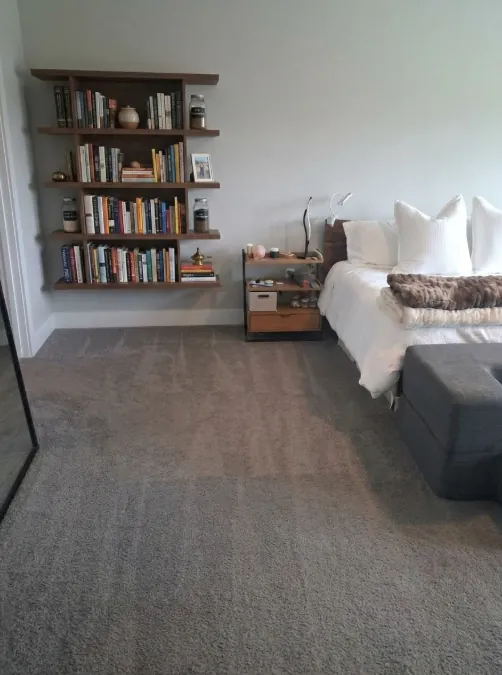 Bedroom with a bookshelf and gray carpet