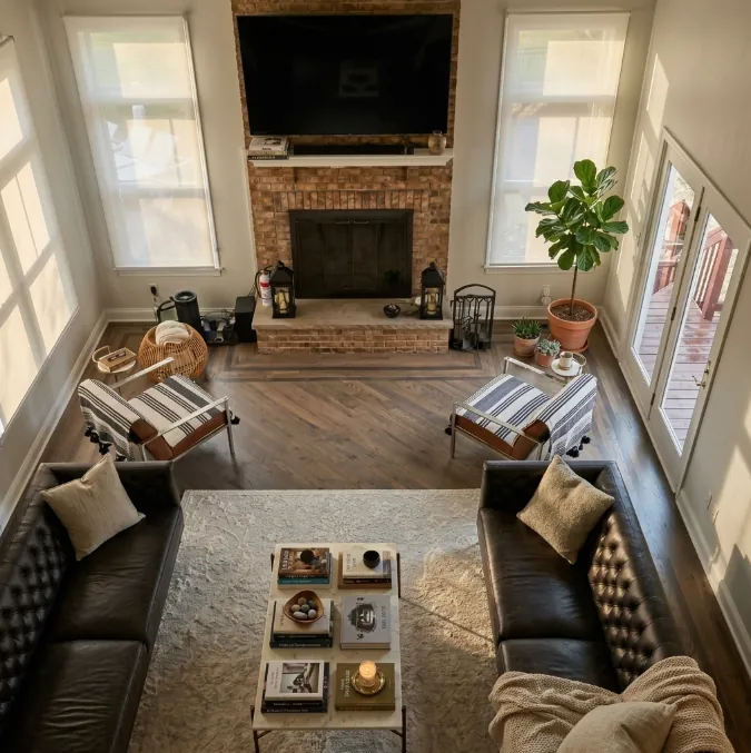 Living room seen from above with leather sofas and a brick fireplace